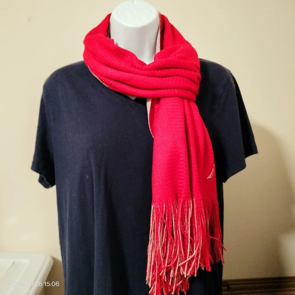 Nautica Performance Unisex OS Scarf Rectangle Red Beige Tassel Reversible - Picture 7 of 11